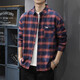 潮天士格子襯衫男寬松條紋長(cháng)袖襯衣男士秋冬季磨毛純棉休閑外套大碼上衣 棗紅色Z713 2XL【160-180斤】