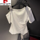 皮爾卡丹（pierre cardin）露肩短袖T恤女夏季新款亮片小眾設(shè)計(jì)體恤時(shí)尚洋氣buling收腰上衣 白色 M 建議90-105斤