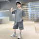 童偎（TONGWEI）童裝男童套裝新款兒童夏裝休閑兩件套短袖短褲學(xué)生男孩中大童衣服 灰色 160碼 建議身高150cm左右