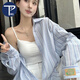 PMOG慵懶風(fēng)條紋薄款長袖襯衫女夏季新款寬松百搭休閑中長款上衣潮 藍(lán)色條紋 L