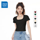 真維斯（JEANSWEST）短款t恤女夏季新款緊身顯瘦短袖女裝方領(lǐng)T設計休閑百搭半袖上衣服 黑色 純色 XL