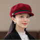 藍詩夢戴羊毛鴨舌帽女時尚秋冬英倫貝雷帽毛呢八角帽子女禮帽蓓蕾帽保暖 裝飾繩款-酒紅色（全羊毛）