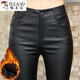 啄木鳥(niǎo)啞光磨砂加絨皮褲女2024年款秋冬高腰顯瘦涂層仿皮褲小腳打底褲 一?？邸炯咏q款】 L 102-112斤