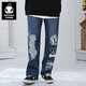 閃電潮牌（GENANX）水洗牛仔褲男高街時(shí)尚印花破洞直筒長(cháng)褲男 牛仔藍 M