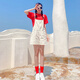 深妍色2025年夏季純棉短袖團(tuán)體多人聚會旅游演出服閨蜜姐妹背帶褲套裝女 套裝：中國紅T恤【背帶褲+鏡襪】 S 【上衣S碼+背帶褲M碼】