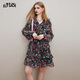 妖精的口袋法式v領(lǐng)長(cháng)袖碎花連衣裙女2025春收腰顯瘦小個(gè)子度假裙 校友會(huì )花花黑色 S