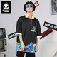 閃電潮牌（GENANX）太空棉上衣男短袖時(shí)尚印花拼色袖子寬松t恤男 黑色 L