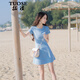 拓澀（TUOSE）2020夏季新款女裝氣質(zhì)修身顯瘦短裙收腰海邊度假沙灘裙連衣裙 藍色 S