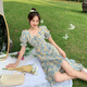 矜持范法式碎花連衣裙女開叉夏季長裙裙子2025設(shè)計感泡泡袖溫柔方領(lǐng)風(fēng)設(shè) 藍小雛菊連衣裙 L