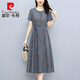 皮爾卡丹（pierre cardin）棉麻碎花連衣裙女2023年夏季媽短袖收腰氣質(zhì)高端大牌印花亞麻裙 牛仔藍 2XL (建議125-135斤)