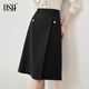 歐莎（OSA）秋裝新款米白色不規則高腰半身裙女中長(cháng)款設計感a字裙子 黑色 L
