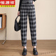 恒源祥羊毛呢哈倫褲子女寬松老爹褲秋冬格子蘿卜小腳褲松緊腰工裝休閑褲 黑格 2XL