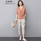 衣典零一（LEDIALYI）時尚洋氣減齡棉麻套裝女2024夏季女裝新款中年休閑褲子女七分褲裝 灰粉色 XL（建議125-135斤）