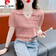 皮爾卡丹（pierre cardin）冰絲針織短袖t恤女2025夏季新款衫收腰鏤空薄款寬松Polo領(lǐng)上衣 粉紅色 XL【115-125】斤