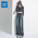 真維斯（Jeanswest）闊腿牛仔褲女潮牌復古直筒寬松休閑女褲小個(gè)子高腰垂感拖地褲子 1846復古藍長(cháng)褲 XL