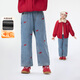 茵曼（INMAN）童裝女童加絨牛仔褲蝴蝶刺繡25冬季兒童中大童加厚保暖褲子 牛仔藍 140