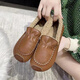 大東秘語(yǔ)牛筋底毛毛鞋女2025新款皮面防水平底孕婦豆豆鞋加絨保暖媽媽單鞋 棕色 37