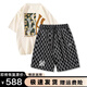 NEWERSISER官方潮牌短袖套裝男女夏季休閑寬松純棉重磅T恤短褲一套兩件套潮 杏色短袖+黑色短褲（NE03） M（建議105-130斤）
