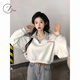 Jret2025春秋新款短款衛(wèi)衣女學(xué)生復(fù)古翻領(lǐng)寬松套頭字母刺繡長(zhǎng)袖上衣 白灰色 M 建議(90-105斤)