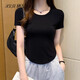 棲紀黑色短袖t恤女2025夏季弧形下擺收腰修身顯瘦不規則上衣 黑色 L