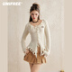 UNIFREE美式辣妹精美刺繡不規則毛邊修身針織開(kāi)衫 杏色 均碼