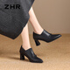 ZHR高跟單鞋女氣質(zhì)尖頭粗跟皮鞋女百搭時(shí)尚樂(lè )福鞋女 BQ116 黑色 38