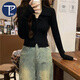 PMOG秋季2023新款polo領長袖打底針織衫上衣短款小個子內(nèi)搭毛衣女秋冬 黑色polo領長袖打底 M 建議(90-105斤)