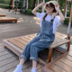 韓璐嬌 時(shí)尚牛仔背帶褲女2022新款夏季韓版學(xué)生高腰小個(gè)子減齡寬松直筒連體背帶褲套裝工裝休閑褲套裝 牛仔背帶褲-單褲 M