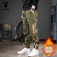 花花公子2025秋冬新款潮牌工裝束腳百搭休閑褲男條紋大碼痞帥哈倫運動(dòng)長(cháng)褲 軍綠色 加絨 XL 合適體重145-160斤