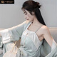 莫代爾對襟漢服睡衣女春秋季三件套新中式國風(fēng)高級(jí)感長袖夏季冰絲家居服 青色開衫+吊帶+褲子（高品質(zhì)） L 適合100-125斤