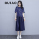 BUTAO棉麻時尚女夏季新款韓版寬松裙子中長款連衣裙亞麻 上藍(lán)下藏青 2XL 體重138-148斤