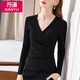 丹語(yǔ)交叉v領(lǐng)打底衫女秋冬內搭長(cháng)袖t恤性感露鎖骨深v褶皺收腰上衣 黑色 S