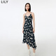 LILY【商場(chǎng)同款】秋新款女裝含真絲天絲別致印花吊帶連衣裙女 510黑 S
