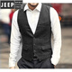 JEEP SPIRIT春季新款男士英倫復古人字紋修身大碼西裝馬甲羊毛呢休閑馬夾潮男 加肥加大碼男裝黑色 3XL