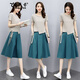 妍莉芬連衣裙女裝2025年夏裝新款韓版休閑中長(cháng)款夏天小個(gè)子衣服套裝裙子 米灰+藍 L