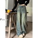 燦圖美式高街做舊牛仔褲女春秋季寬松潮牌高腰顯瘦直筒闊腿拖地長(cháng)褲子 藍色 M