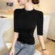 別語(yǔ)純色緊身中袖t恤女夏季半高領(lǐng)打底衫春秋修身五分袖上衣 黑色 M  (86-100斤)
