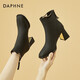 DAPHNE達芙妮女靴秋冬法式小短靴高跟皮靴新款女鞋冬季加絨加厚保暖冬鞋 黑色跟高6cm 37 (235mm) 標準碼