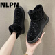 NLPN雪地靴女新款加絨加厚大棉鞋保暖皮面棉靴防水防滑孕婦鞋 黑白 36