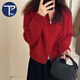 PMOG秋冬款針織衫女上衣雙拉鏈短款毛衣開衫外套女秋季別致小個(gè)子加厚 紅色 M [建議85-100斤]