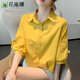 花嵐娜 中袖襯衫女純棉夏季新款寬松透氣上衣燈籠袖襯衣女短袖百搭 黃色 3XL 建議125-135斤