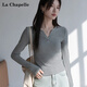 拉夏貝爾美式復古V領(lǐng)長(cháng)袖T恤女秋季修身純色內搭上衣打底衫 深灰色 L
