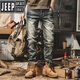 吉普（JEEP）美式重磅復(fù)古牛仔褲男直筒2023年新款工裝褲男春秋季潮牌休閑長(zhǎng)褲 藍(lán)色 做舊藍(lán) 33 建議150-160斤