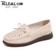 日泰（RITAI）女鞋豆豆鞋休閑軟底軟面鏤空平跟樂(lè )福鞋中老年媽媽鏤空涼鞋 米白色 37