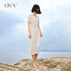 OVV2023春夏新款女裝復古優(yōu)雅翻領(lǐng)短袖休閑彈力針織連衣裙 米杏條紋14 L