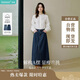 茵曼復古分割牛仔裙秋女裝高級學院風A字顯瘦半身裙子 深牛仔藍 M 
