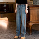 善己冬款加絨直筒牛仔褲女側條撞色休閑復古2023新款百搭拖地長(cháng)褲 牛仔藍 3XL 【現貨發(fā)售】