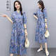 衣典零一 連衣裙2021夏裝新款夏季女裝時(shí)尚氣質(zhì)韓版遮肚子顯瘦女士碎花棉麻短袖連衣裙夏天a字裙子長(cháng)裙 藍色 XL