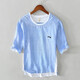 歌世爵夏季刺繡亞麻五分中袖短袖t恤男休閑薄款寬松半袖拼接棉麻料體恤 淺藍 L