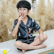 童話課堂（TONGHUAKETANG）兒童睡衣夏季薄款男童家居服男孩冰絲短袖寶寶空調(diào)服套裝中大童潮 年輪款—藏藍(lán)色 160碼建議身高150-160厘米左右
